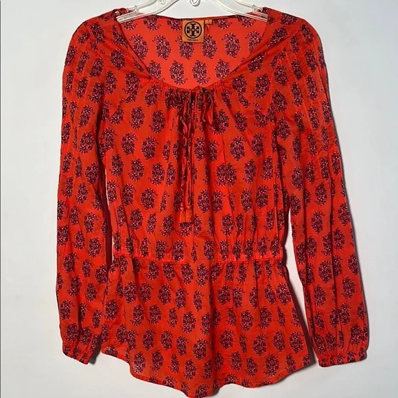 TORY BURCH "Evelina" 100% Cotton Floral Peasant Long SLV Boho/Office Tunic Top 2 - Picture 2 of 16